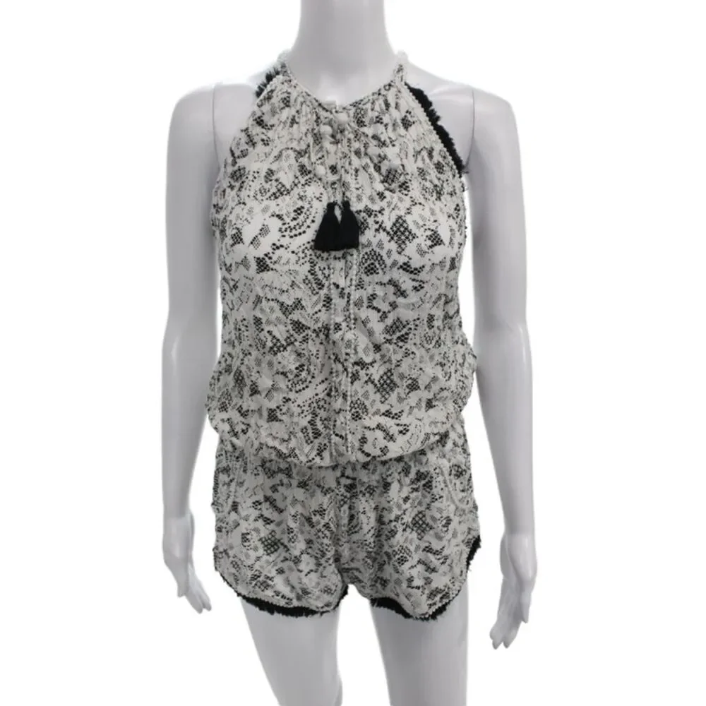 Poupette St. Barth Women Black Lace Floral Halter Sleeveless Romper Size M